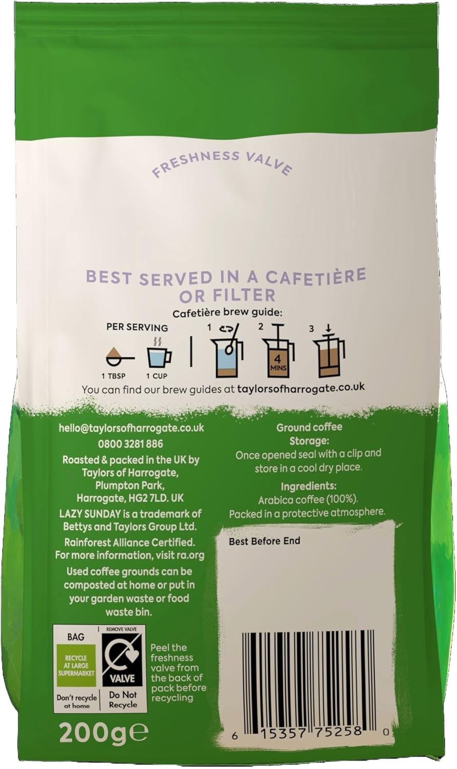 Taylors of Harrogate Lazy Sunday Ground Coffee 200g - Pack of 6 (1.2kg Total)