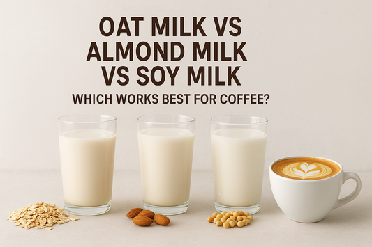 Comparison of oat milk, almond milk, and soy milk for coffee, with glasses of each milk and a cappuccino on the side, highlighting which plant-based milk works best for lattes, cappuccinos, and iced coffee.