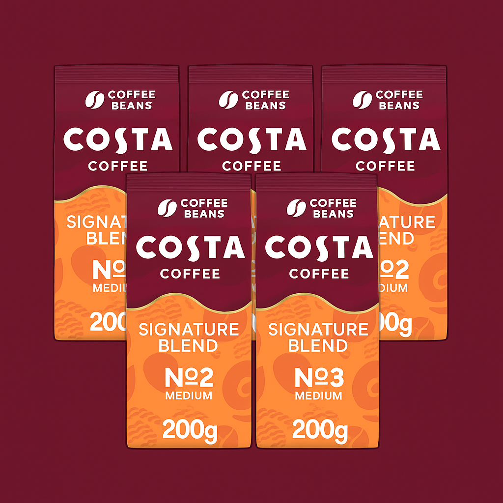 Costa Coffee Signature Blend Whole Beans 1kg - Premium Medium Roast Coffee Beans (Pack of 5)