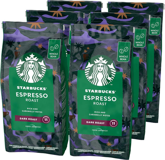 STARBUCKS Espresso Roast Dark Roast Whole Bean Coffee 200g Pack of 6 - Bold