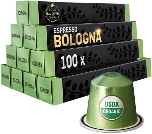 Organic Bologna Blonde Espresso: Organic and Fair Trade by Heart | Smooth & Light | Made by Real Coffee | 100 Capsules Compatible with Nespresso | No pesticides and chemicals
