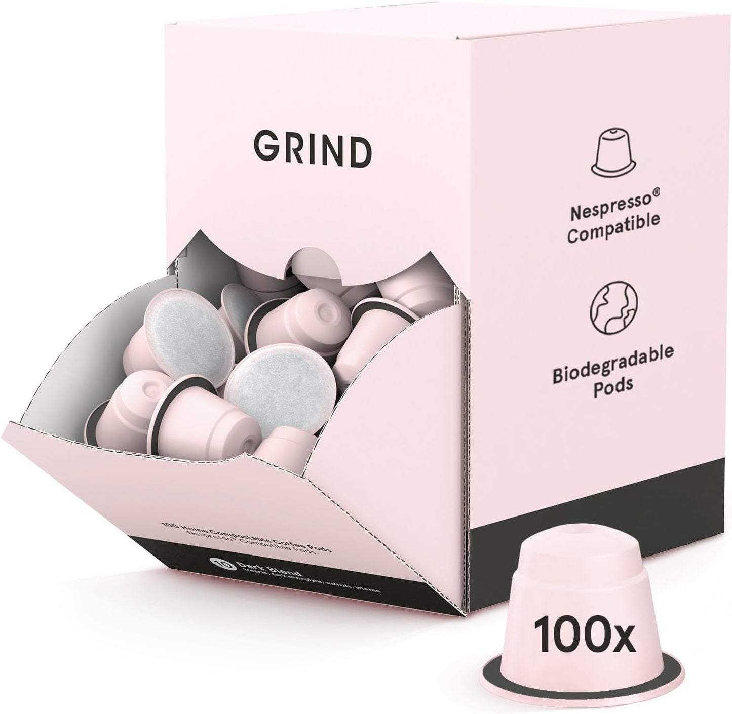 Grind Dark Blend Coffee Pods – Pack of 100 Biodegradable Capsules – 100% Arabica – Nespresso® Original Compatible Capsules – Home Compostable – Barista Quality and Specialty Grade – Dark Roast