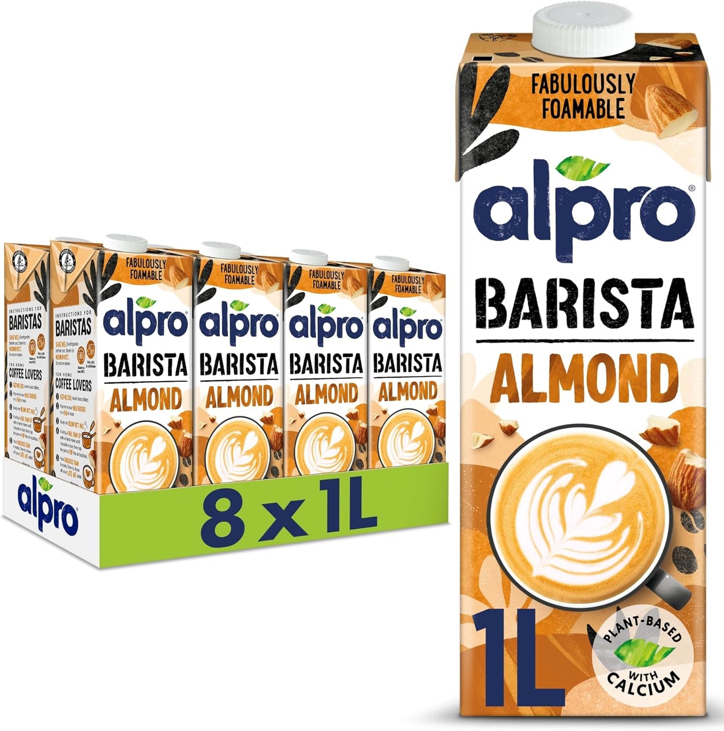 Alpro Barista Almond Plant-Based Long Life Drink - Great for Coffee Foam - Vegan Dairy Free & Lactose Free - 1L (Pack of 8)