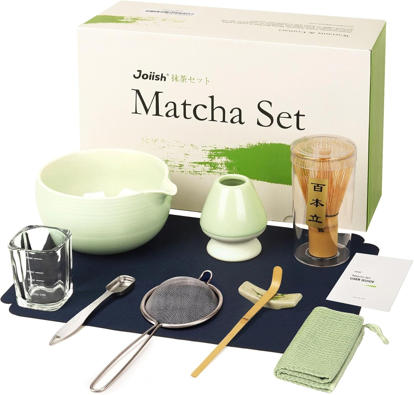 Joiish 10-Pcs Matcha Set - Bamboo Whisk Bowl with Spout Complete Tea Kit Light Green