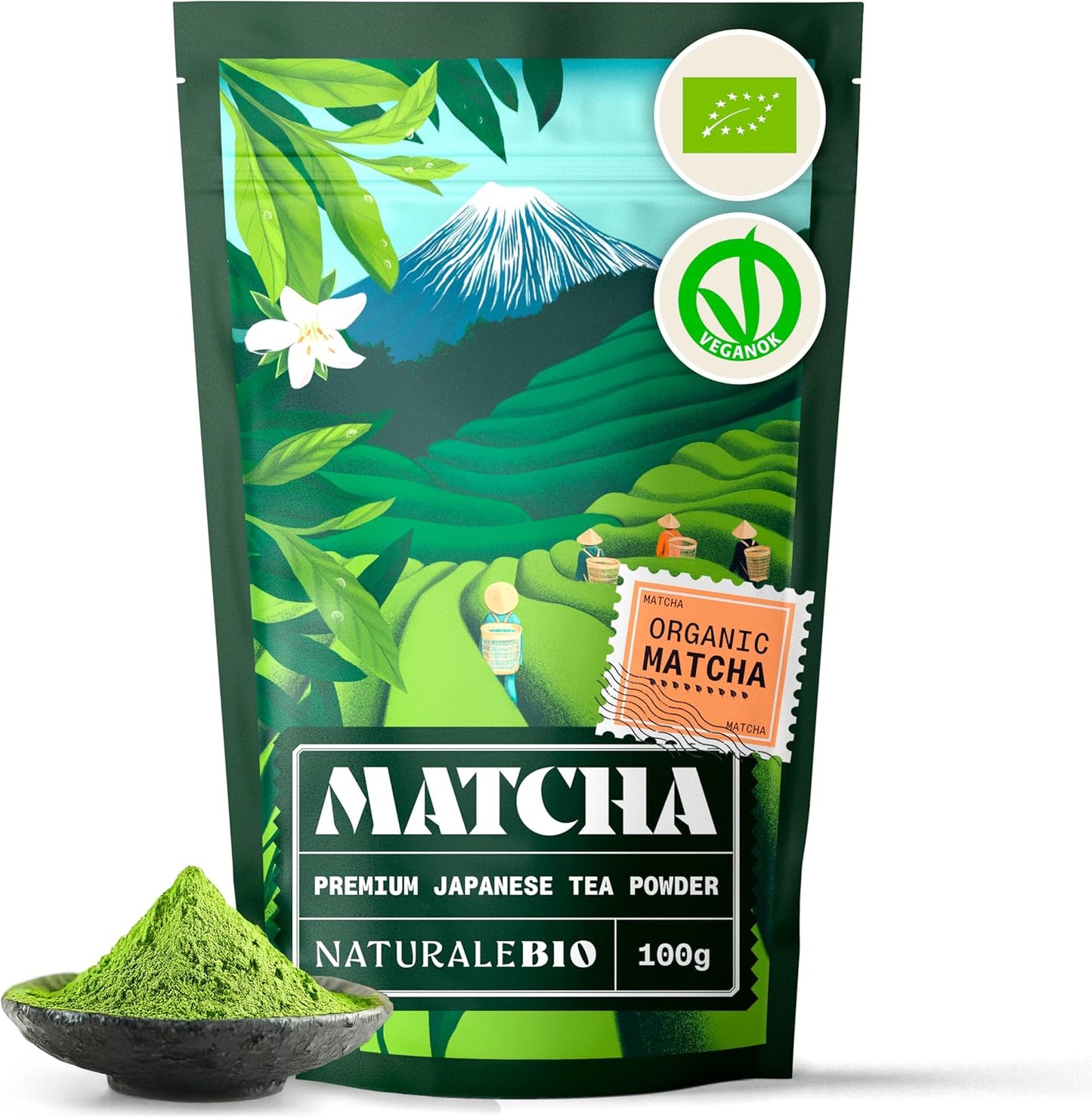 NaturaleBio Japanese Organic Matcha Green Tea Powder - Premium Grade-100g. Produced in Japan, Uji, Kyoto. Use for Drinking, Cooking, Baking, Smoothie Making and with Milk. Vegan & Vegetarian Friendly
