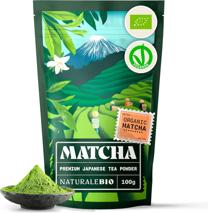 NaturaleBio Japanese Organic Matcha Green Tea Powder - Premium Grade-100g. Produced in Japan, Uji, Kyoto. Use for Drinking, Cooking, Baking, Smoothie Making and with Milk. Vegan & Vegetarian Friendly