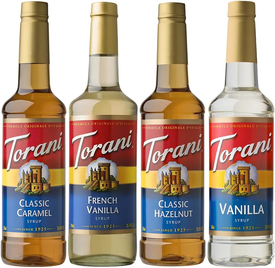 Torani Coffee Syrup Set 4 x 750ml - Vanilla, Caramel, French Vanilla, Hazelnut