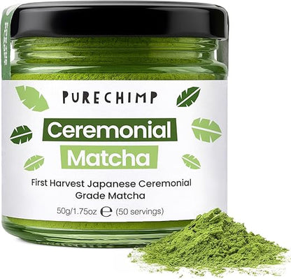 PureChimp Ceremonial Grade Matcha Powder 50g. 100% Pure Green Tea. Shade-Grown for MatchaLatte, Teas & Recipes. Recyclable Glass Jar. Antioxidant-Rich.