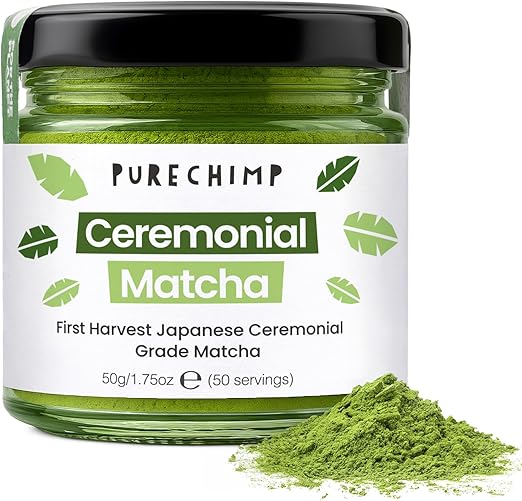 PureChimp Ceremonial Grade Matcha Powder 50g. 100% Pure Green Tea. Shade-Grown for MatchaLatte, Teas & Recipes. Recyclable Glass Jar. Antioxidant-Rich.
