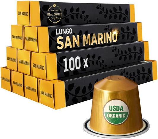 ORGANIC Lungo San Marino | 100 Nespresso Compatible Aluminium Capsules | Strength: 6/8 |