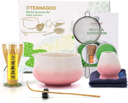 TEANAGOO 7 Pcs Matcha Set Pink - Ceremony Matcha Kit with Whisk Bowl Scoop Sifter