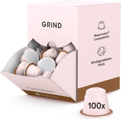Grind Decaf Dark Coffee Pods – Pack of 100 Biodegradable Capsules – Naturally Decaffeinated – Nespresso® Original Compatible – Home Compostable – Barista Quality and Specialty Grade – Dark Roast-ExpressCo