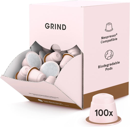 Grind Decaf Dark Coffee Pods – Pack of 100 Biodegradable Capsules – Naturally Decaffeinated – Nespresso® Original Compatible – Home Compostable – Barista Quality and Specialty Grade – Dark Roast