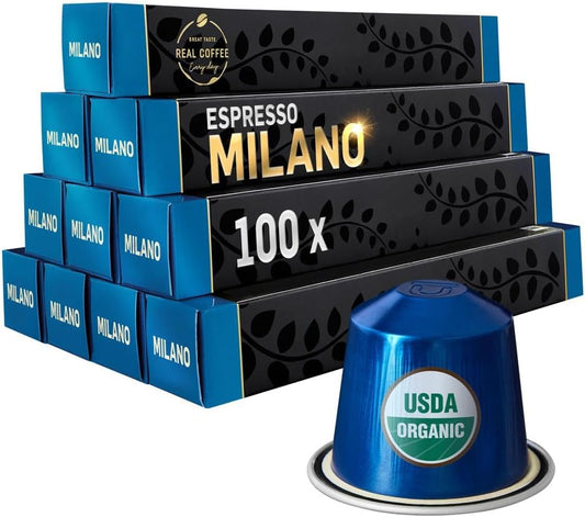 Milano Extra Strong Organic Espresso Pods | 100 Nespresso Compatible Capsules | Dark Roast Coffee