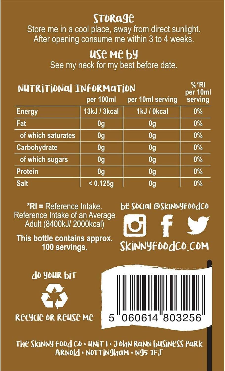 Skinny Food Co Hazelnut Praline Syrup Zero Calorie 1L - Sugar Free Vegan