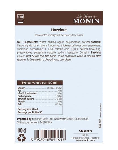 MONIN Premium Hazelnut Sugar Free Syrup 1L - Vegan Natural Coffee Syrup-ExpressCo