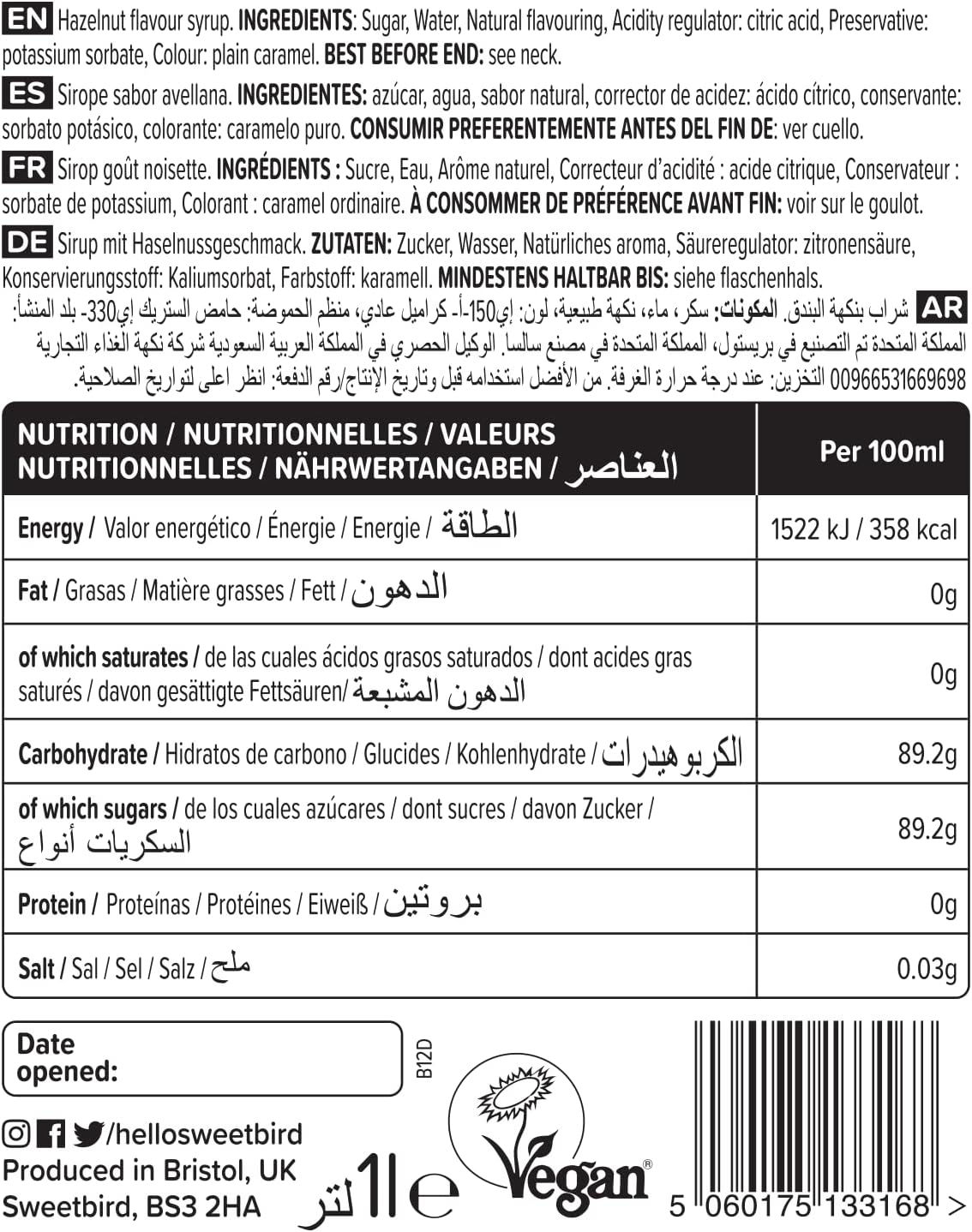 Sweetbird Hazelnut Syrup 1 Litre - Premium Coffee Syrup for Lattes