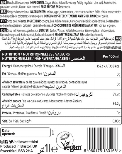 Sweetbird Hazelnut Syrup 1 Litre - Premium Coffee Syrup for Lattes