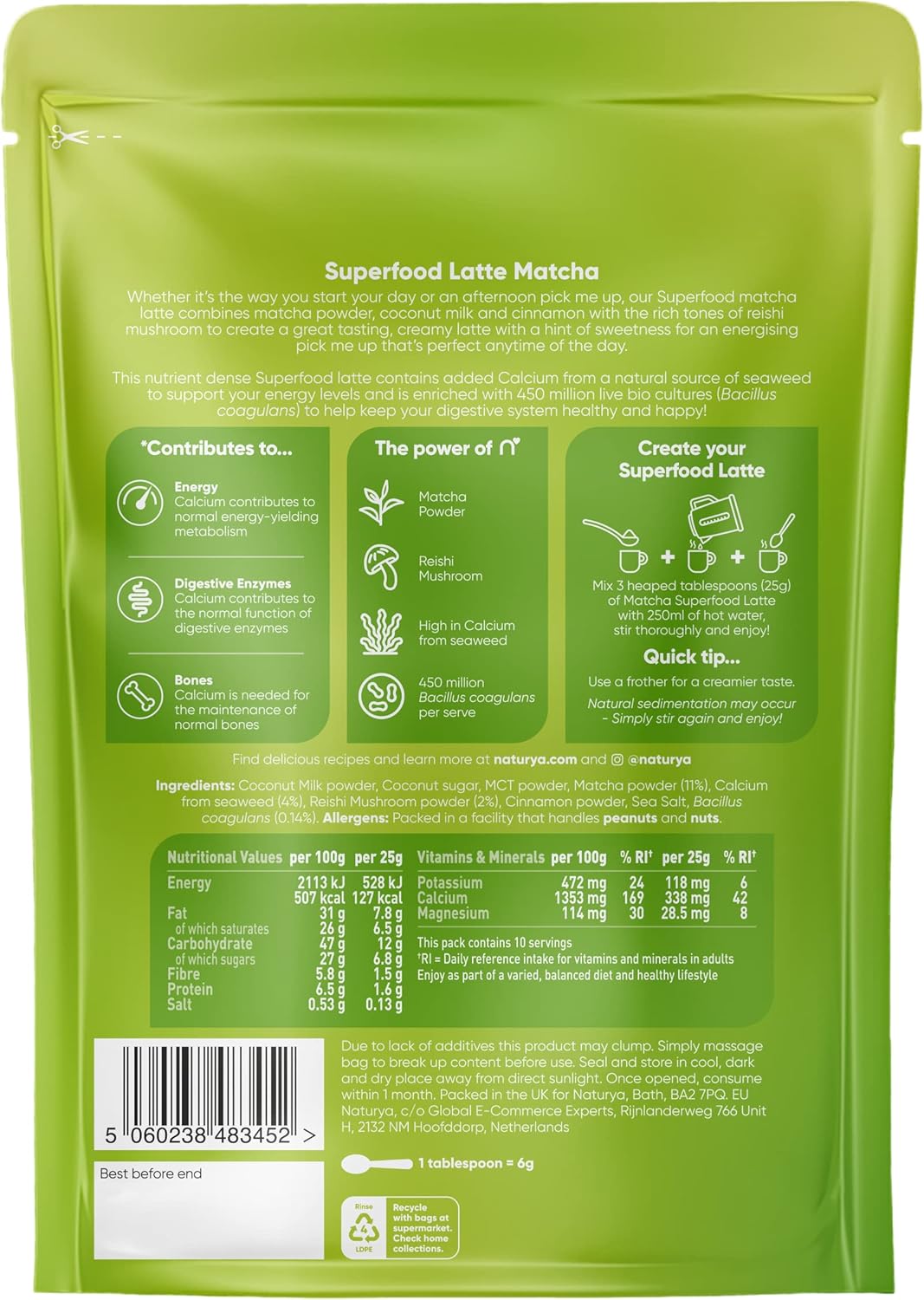 Naturya Matcha Superfood Latte 250g - Vegan Matcha Green Tea with Coconut & Reishi