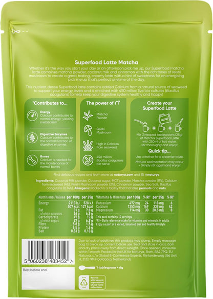 Naturya Matcha Superfood Latte 250g - Vegan Matcha Green Tea with Coconut & Reishi
