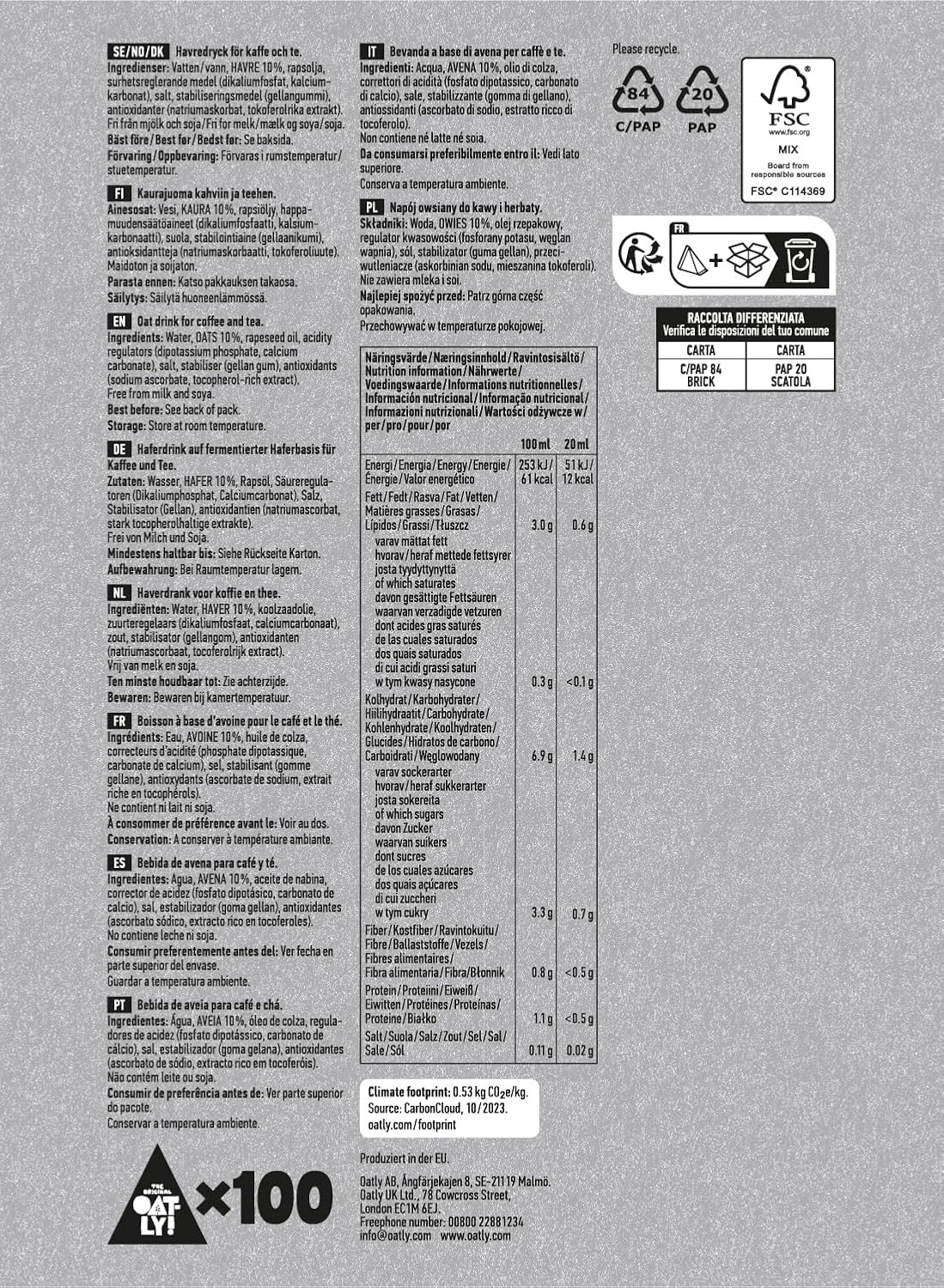 Oatly Oat Drink Long Life Single Serve 20ml - Pack of 100 | Plant-Based Milk Alternative