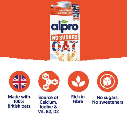 Alpro Oat No Sugars Plant-Based Long Life Drink - 100% British Oats - Unsweetened - Vegan Dairy Free & Lactose Free Milk Alternative - 1L (Pack of 8)