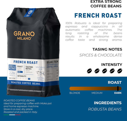 Grano Milano French Roast Robusta Extra Strong Coffee Beans 1kg – Intensity 5/5, Dark Roast, Beans from Southeast Asia & Central Africa, Spice & Chocolate Tasting Notes, Made in Italy-ExpressCo