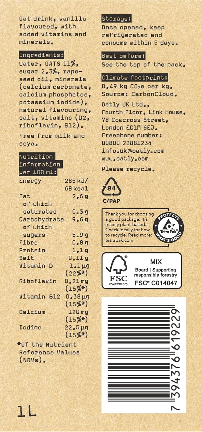 Oatly Vanilla Drink 1 Litre (Pack of 6)