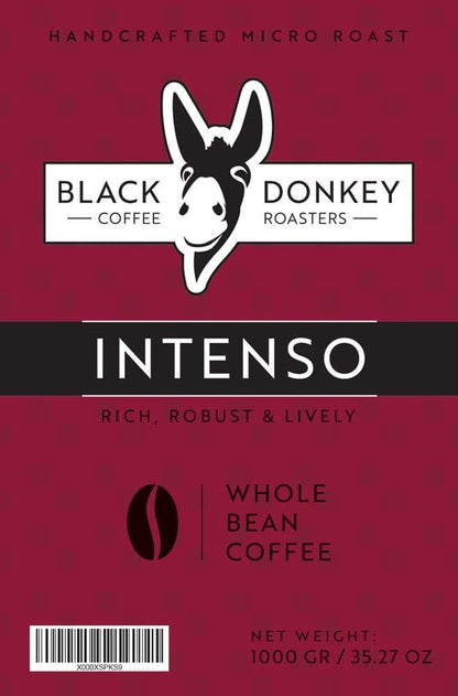 Black Donkey Intenso Dark Roast Whole Coffee Beans 1KG - Bold Arabica-Robusta