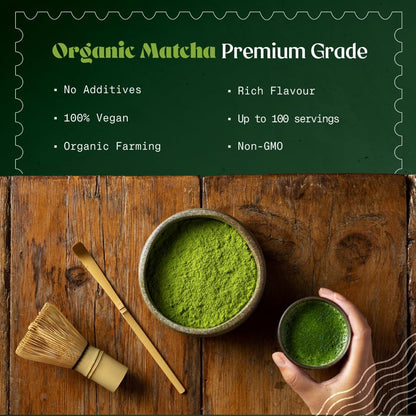 NaturaleBio Japanese Organic Matcha Green Tea Powder - Premium Grade-100g. Produced in Japan, Uji, Kyoto. Use for Drinking, Cooking, Baking, Smoothie Making and with Milk. Vegan & Vegetarian Friendly