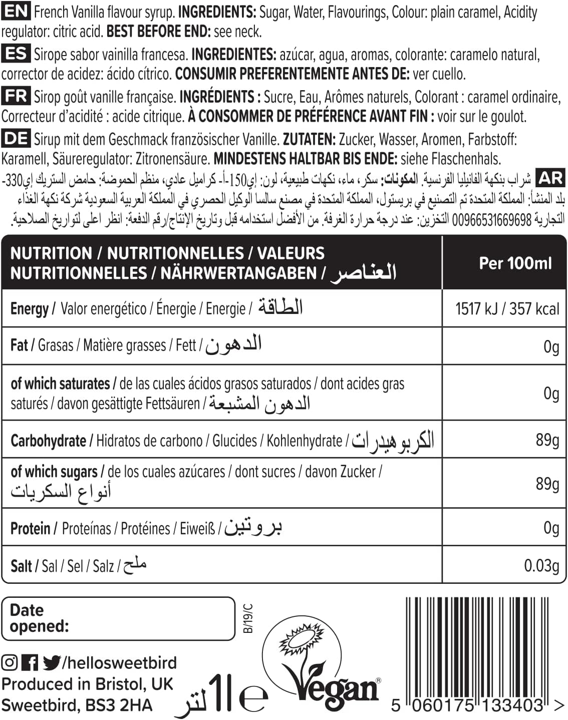 Sweetbird French Vanilla Syrup 1 Litre - Vegan Friendly Coffee Syrup