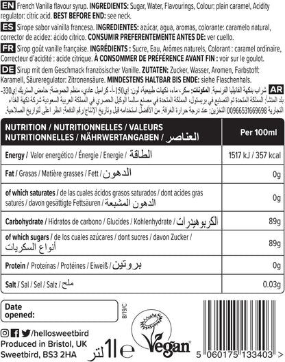 Sweetbird French Vanilla Syrup 1 Litre - Vegan Friendly Coffee Syrup