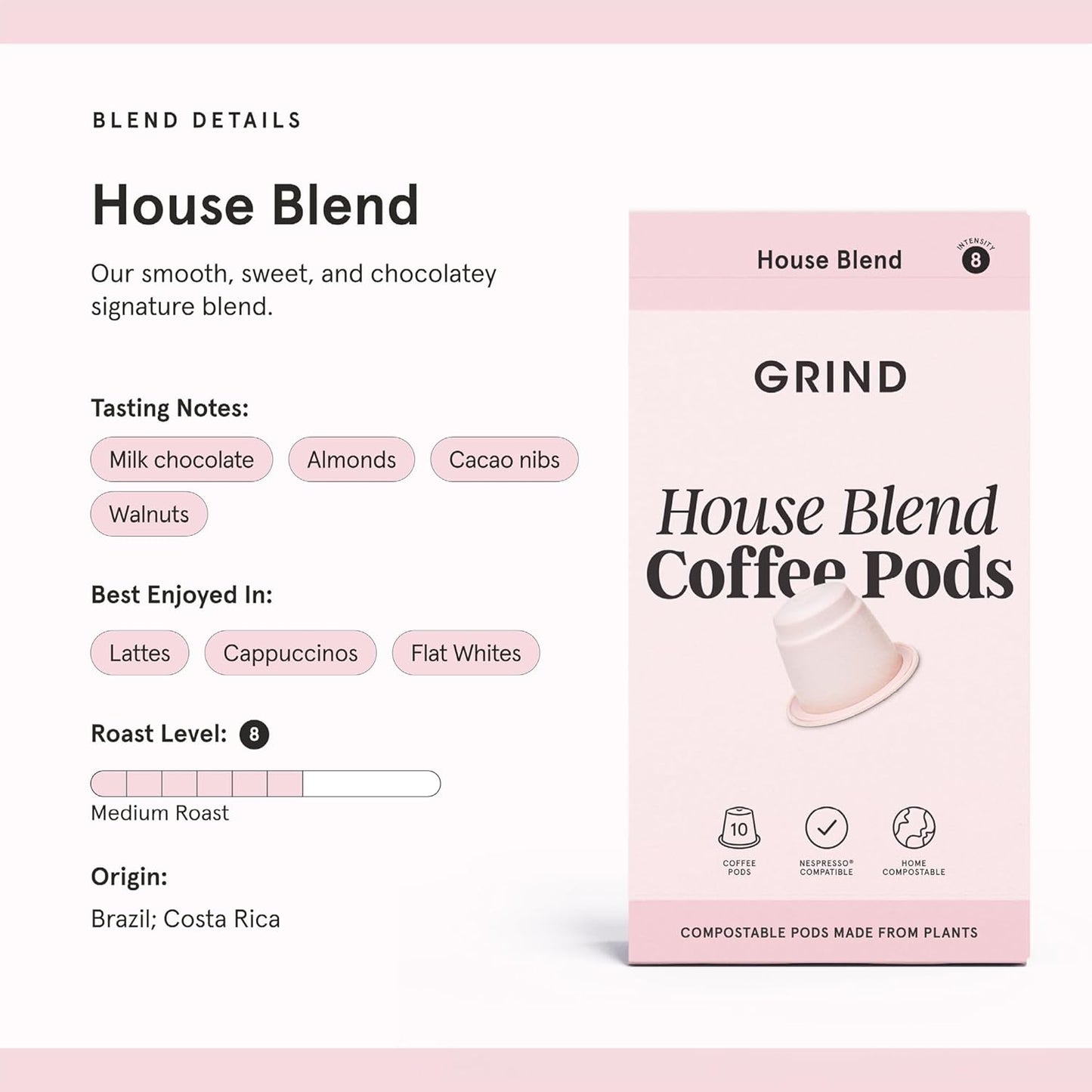Grind House Blend Coffee Pods – Pack of 100 Biodegradable Capsules – 100% Arabica – Nespresso® Original Compatible – Home Compostable – Barista Quality and Specialty Grade – Medium Roast