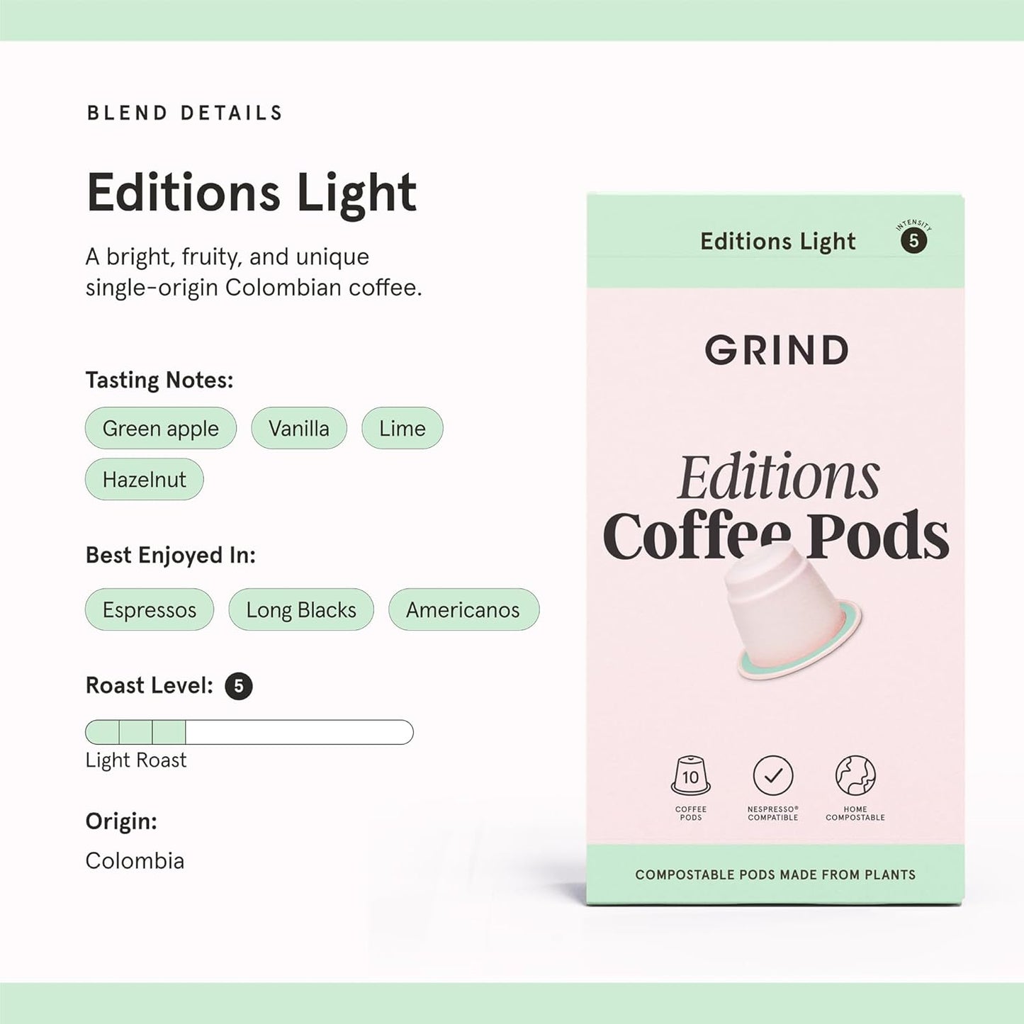 Grind Colombia Light Coffee Pods – Pack of 100 Biodegradable Arabica Capsules – Single Origin – Nespresso® Original Compatible – Home Compostable – Barista Quality and Specialty Grade – Light Roast