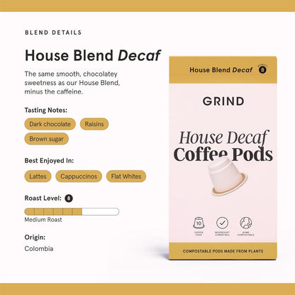 Grind Decaf House Coffee Pods – Pack of 100 Biodegradable Arabica Capsules – Naturally Decaffeinated – Nespresso® Original Compatible Capsules – Home Compostable – Barista Quality – Medium Roast-ExpressCo