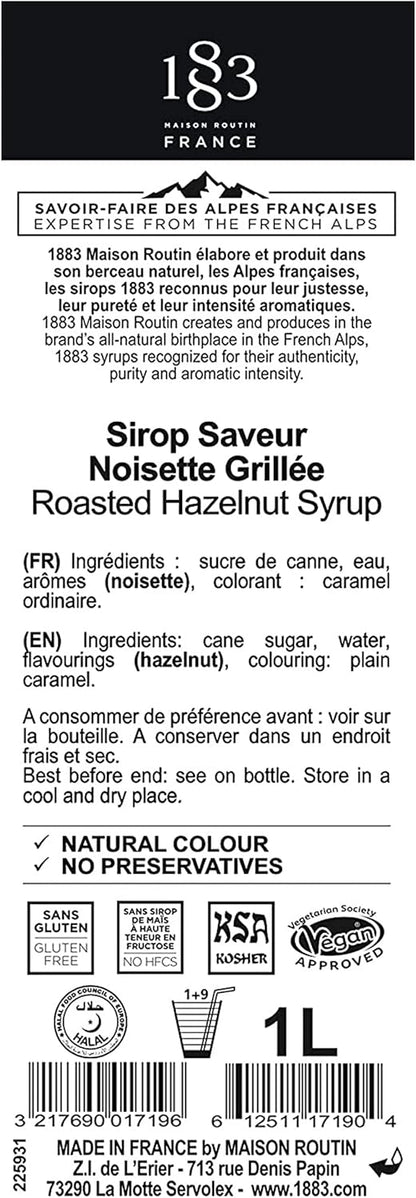 Premium Roasted Hazelnut Syrup by 1883 Maison Routin - 1L