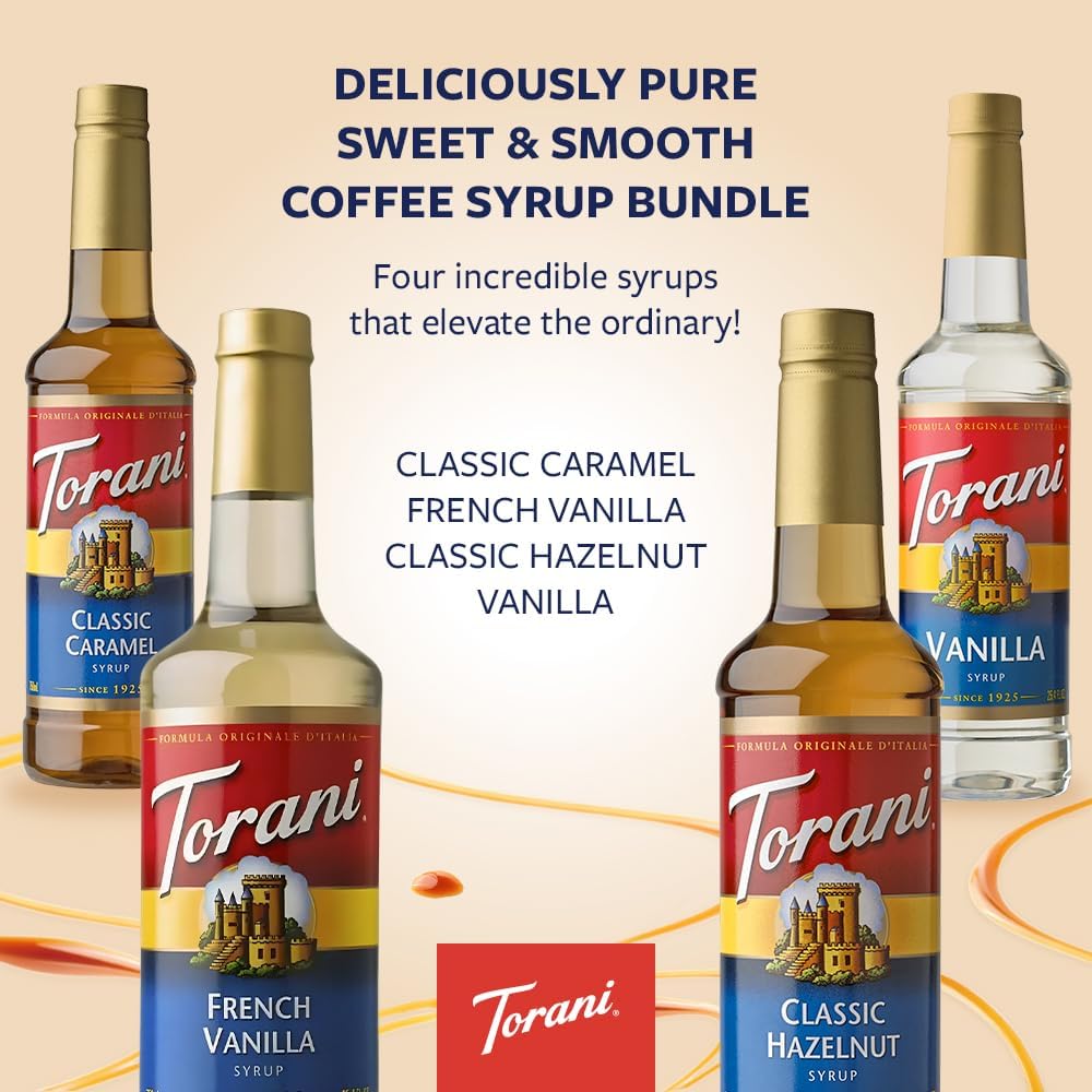 Torani Coffee Syrup Set 4 x 750ml - Vanilla, Caramel, French Vanilla, Hazelnut