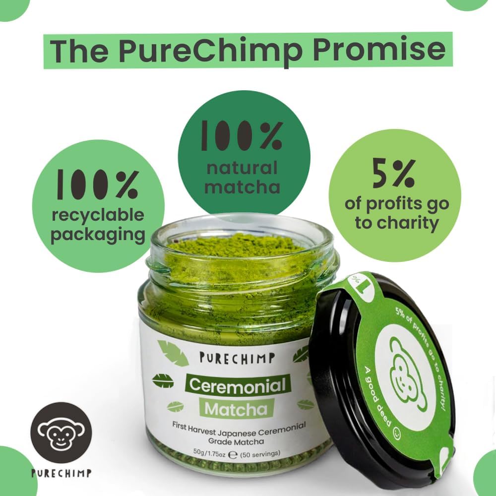 PureChimp Ceremonial Grade Matcha Powder 50g. 100% Pure Green Tea. Shade-Grown for MatchaLatte, Teas & Recipes. Recyclable Glass Jar. Antioxidant-Rich.