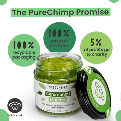 PureChimp Ceremonial Grade Matcha Powder 50g. 100% Pure Green Tea. Shade-Grown for MatchaLatte, Teas & Recipes. Recyclable Glass Jar. Antioxidant-Rich.