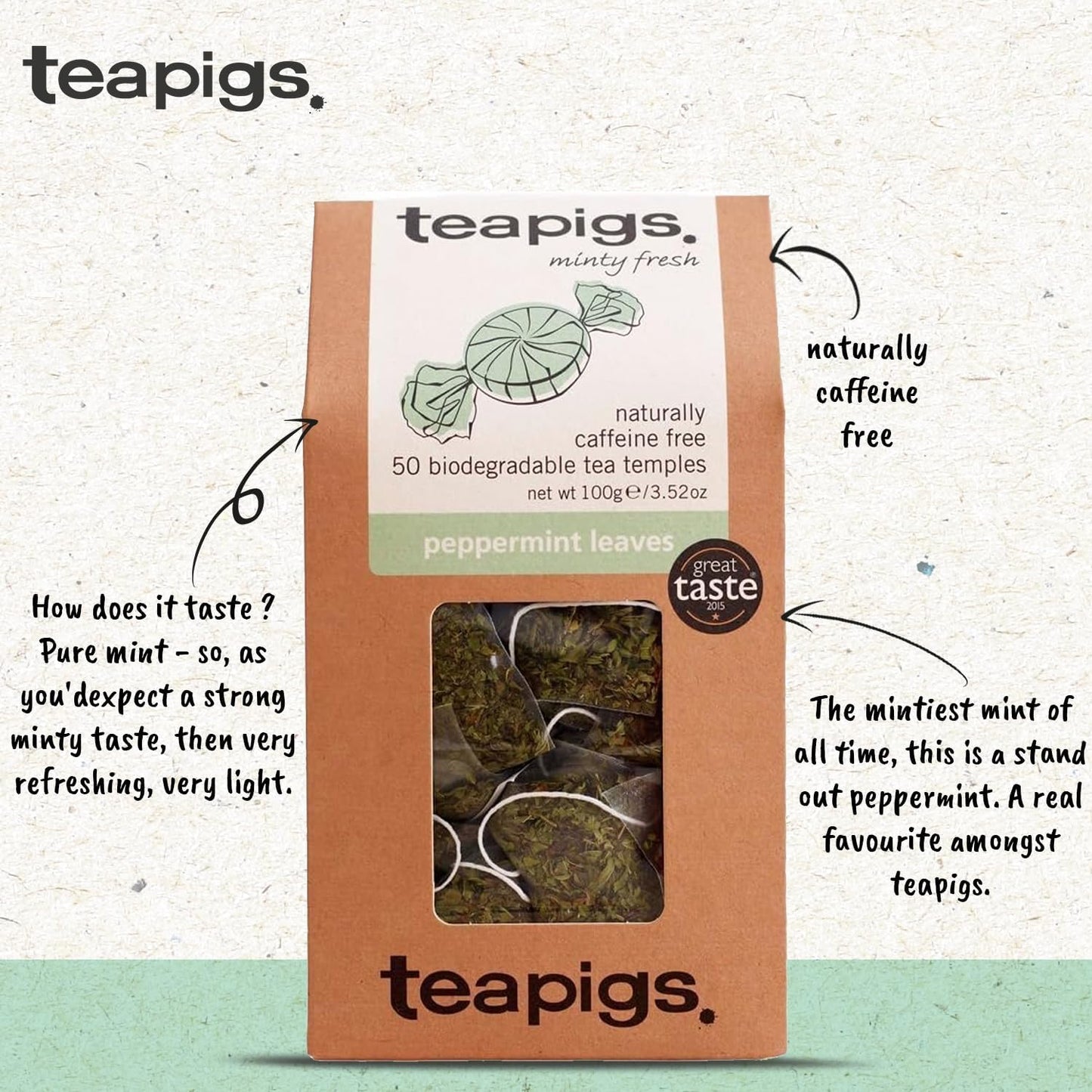 teapigs Peppermint Tea - Caffeine-Free Mint Tea 50 Temples Whole Leaves