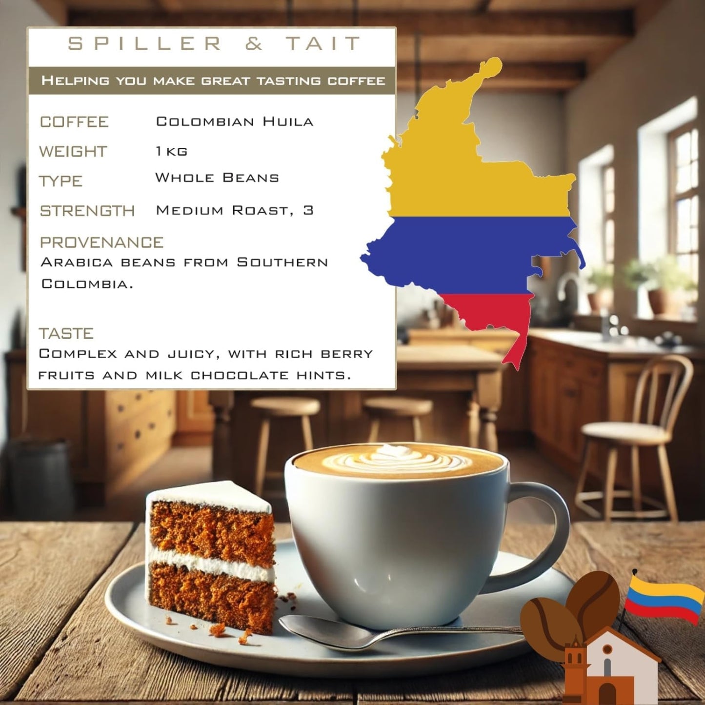 Spiller & Tait Pure Colombian Huila – Coffee Beans 1kg Bag – Top Speciality Columbian Coffee Beans Roasted in the UK – Gourmet Blend for Great Tasting Brew at Home-ExpressCo