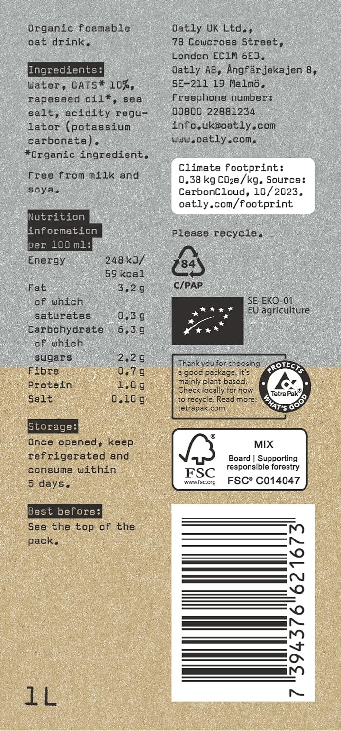 OATLY Organic Barista Oat Drink Long Life 6x1L - Premium Plant-Based Milk Alternative