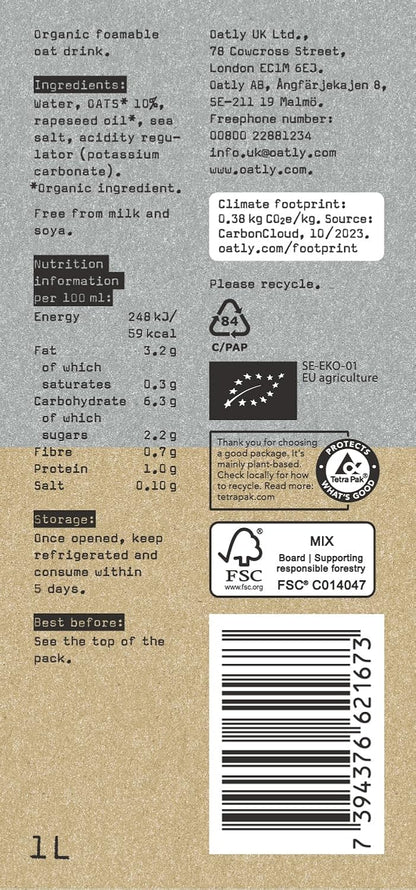 OATLY Organic Barista Oat Drink Long Life 6x1L - Premium Plant-Based Milk Alternative
