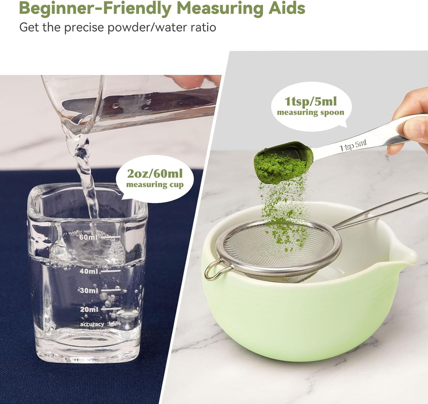 Joiish 10-Pcs Matcha Set - Bamboo Whisk Bowl with Spout Complete Tea Kit Light Green