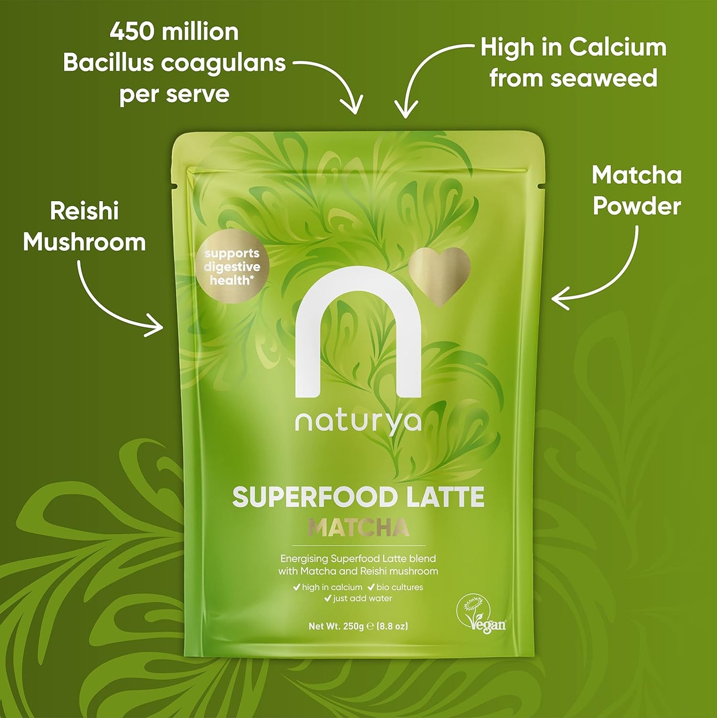 Naturya Matcha Superfood Latte 250g - Vegan Matcha Green Tea with Coconut & Reishi