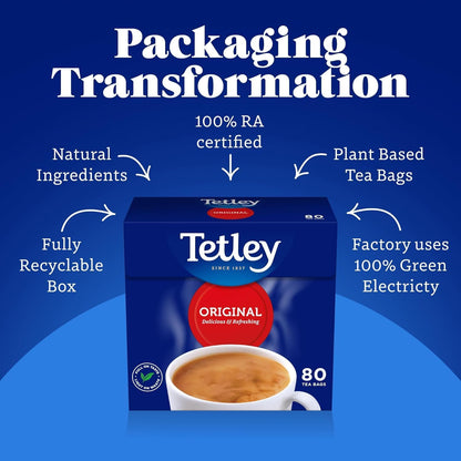 Tetley Original Black Tea Bags 480 - 6x80 Pack Rainforest Alliance British Tea