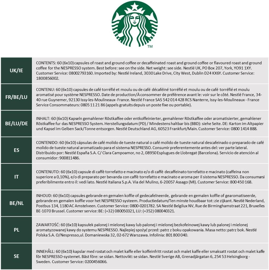 STARBUCKS Italian Style Roast Nespresso Capsules 60 - Dark Roast Pods