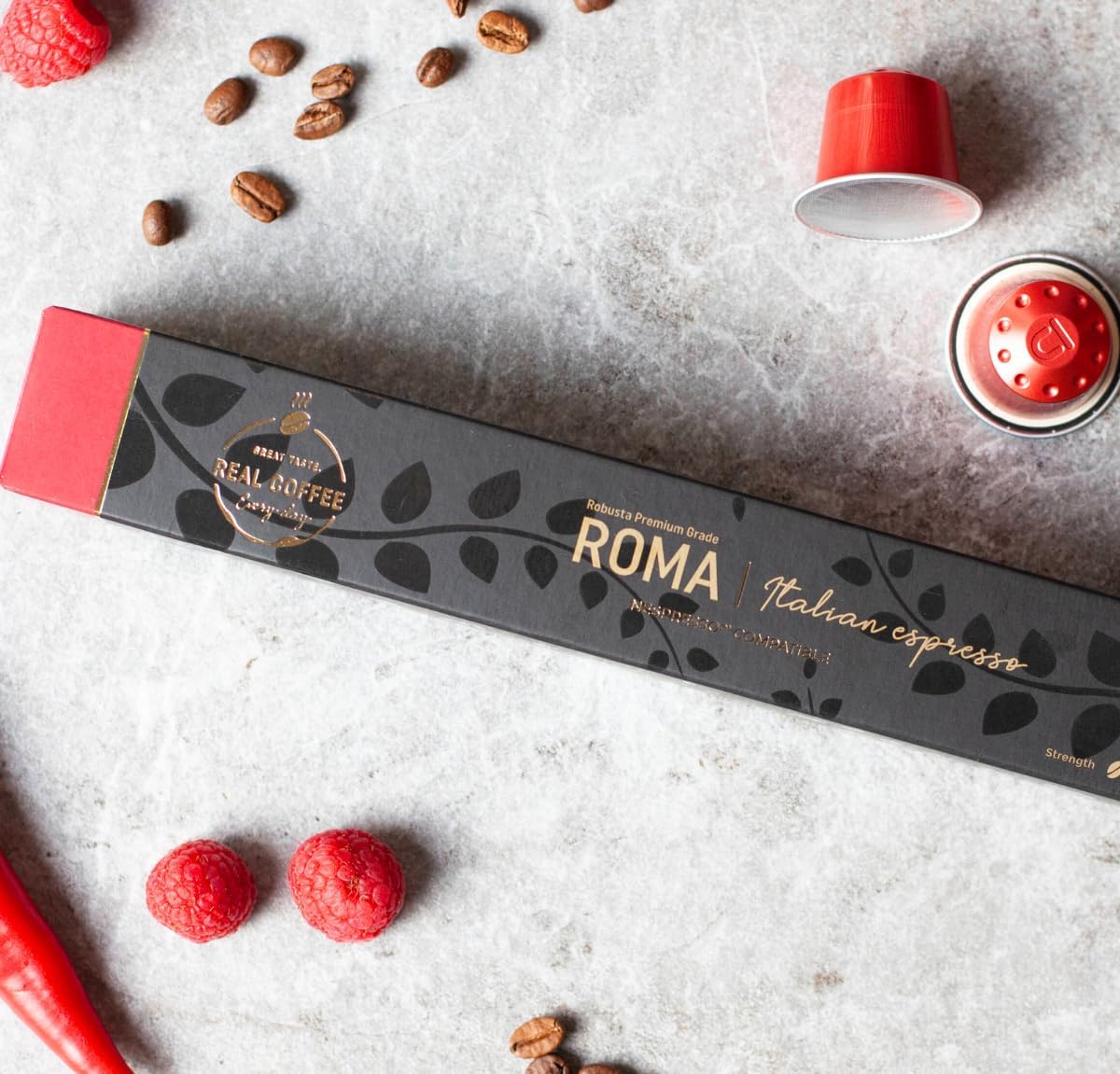 Real Kick-Starter | Italian Robusta Beans | Velvety Crema | Roma Espresso: 100 capsules compatible with Nespresso | 100% Dark | Fair Trade Certified