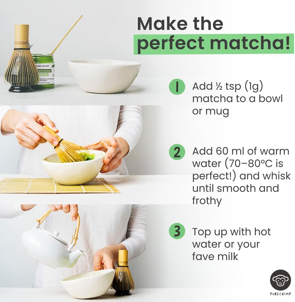 PureChimp Ceremonial Grade Matcha Powder 50g. 100% Pure Green Tea. Shade-Grown for MatchaLatte, Teas & Recipes. Recyclable Glass Jar. Antioxidant-Rich.
