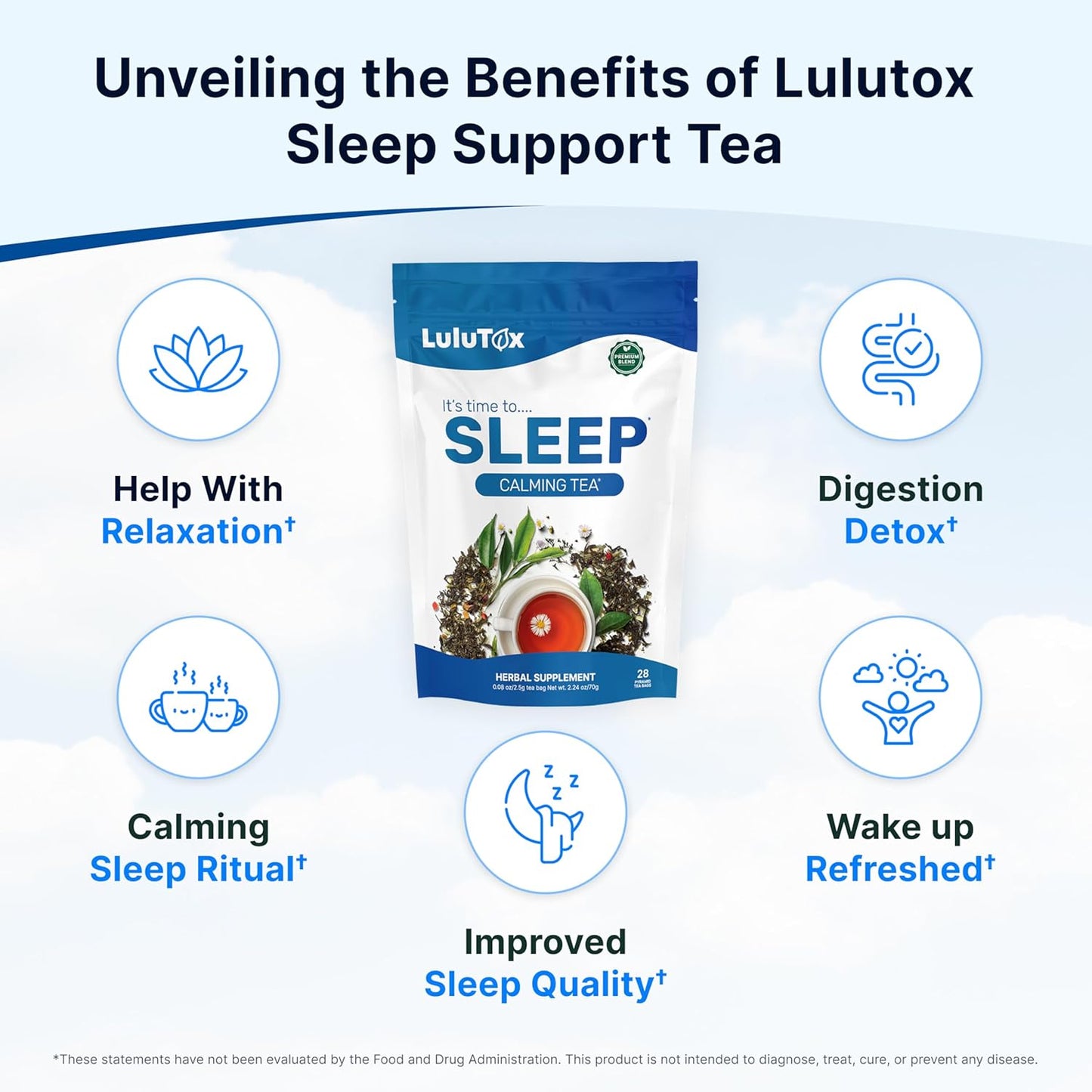 LULUTOX Bedtime Herbal Tea 28 Pyramid Bags - Natural Sleep Tea for Deep Rest